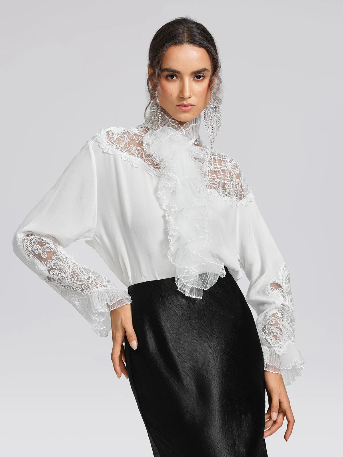 Embroidered Lace Panel Ruffle Trim Blouse sold by Rich Radi Q's