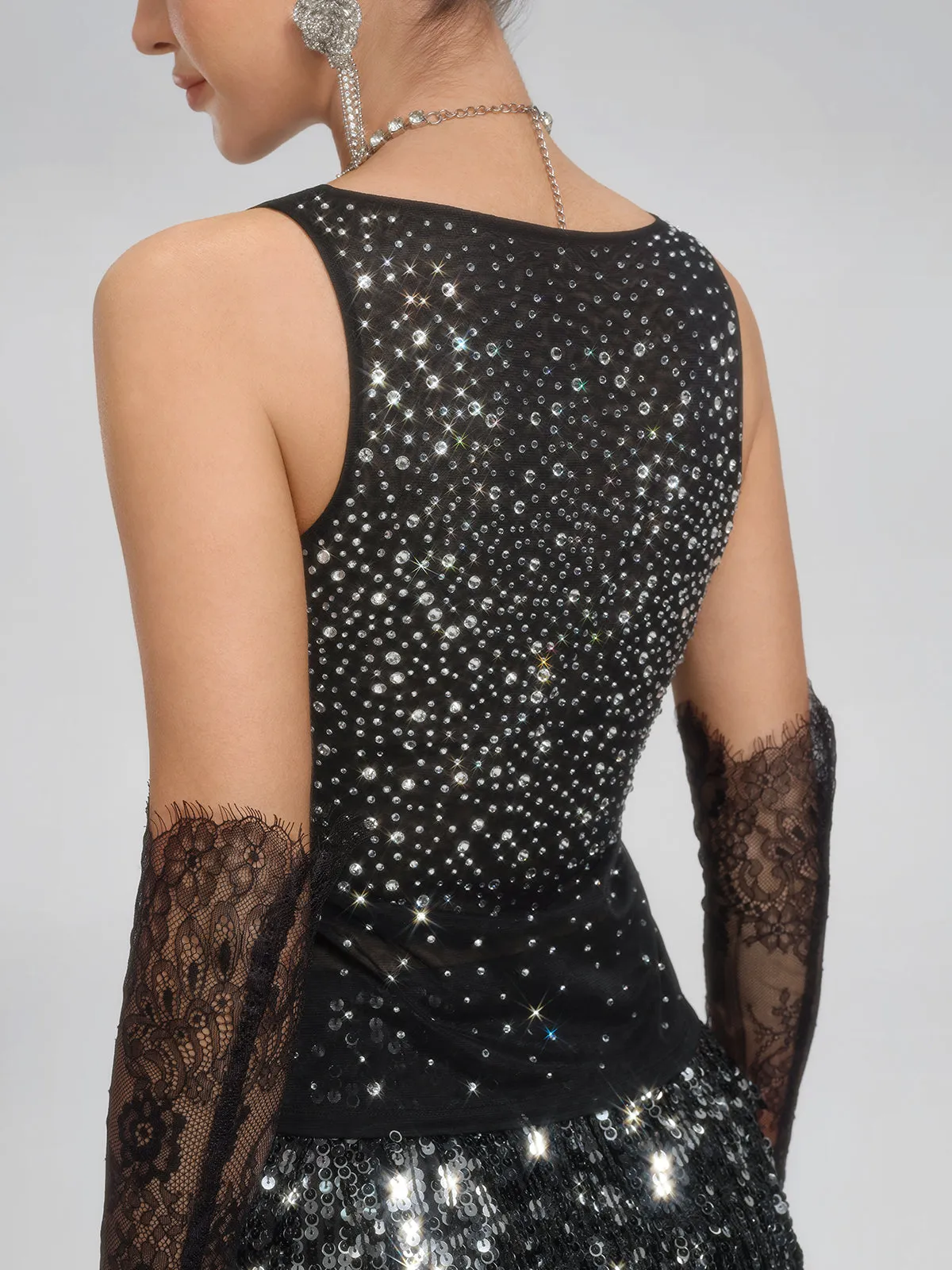 Rhinestones Mesh U-Neck Fitted Sleeveless Top sold by Rich Radi Q's product image thumbnail 3