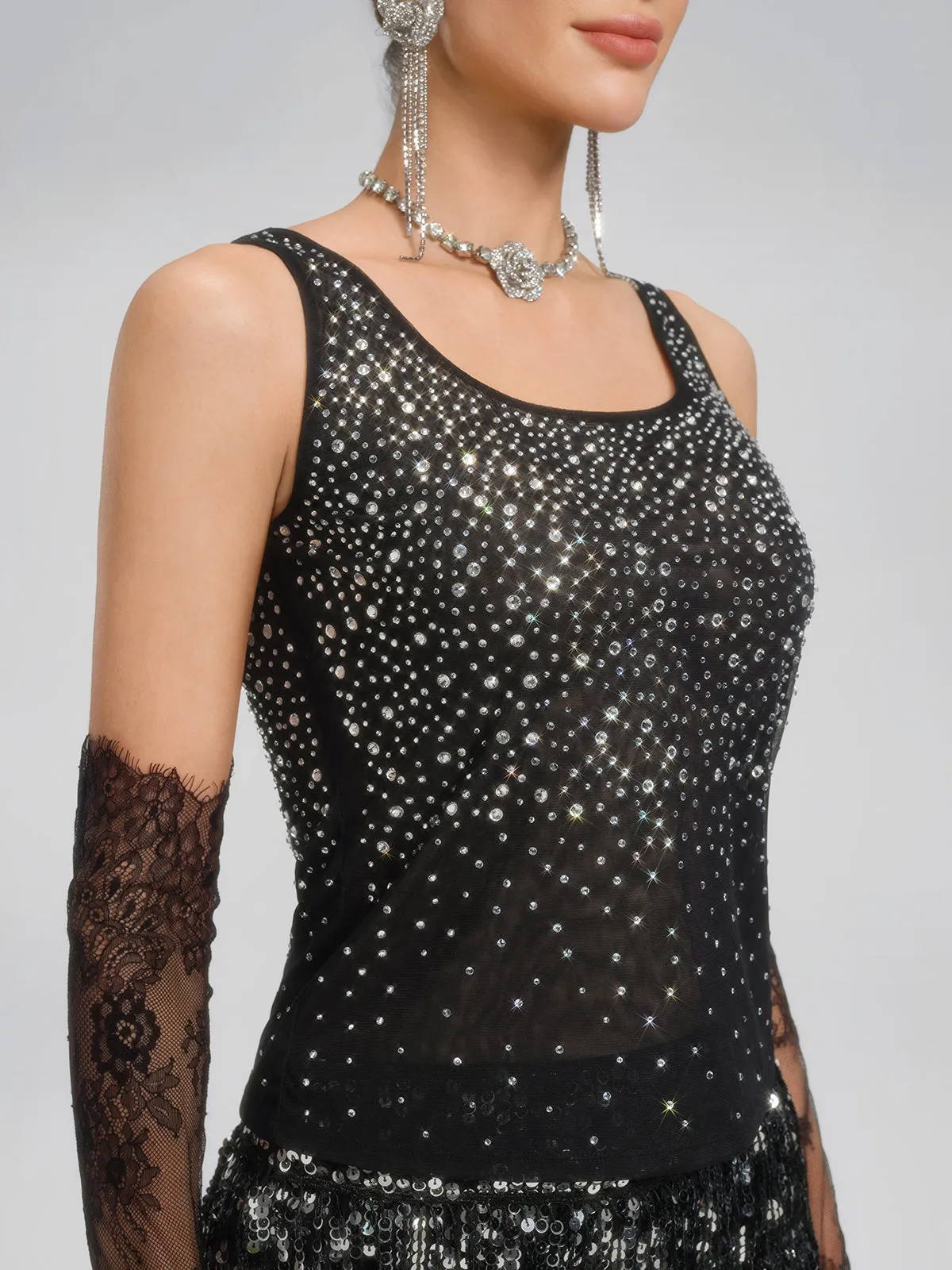 Rhinestones Mesh U-Neck Fitted Sleeveless Top sold by Rich Radi Q's product image thumbnail 2