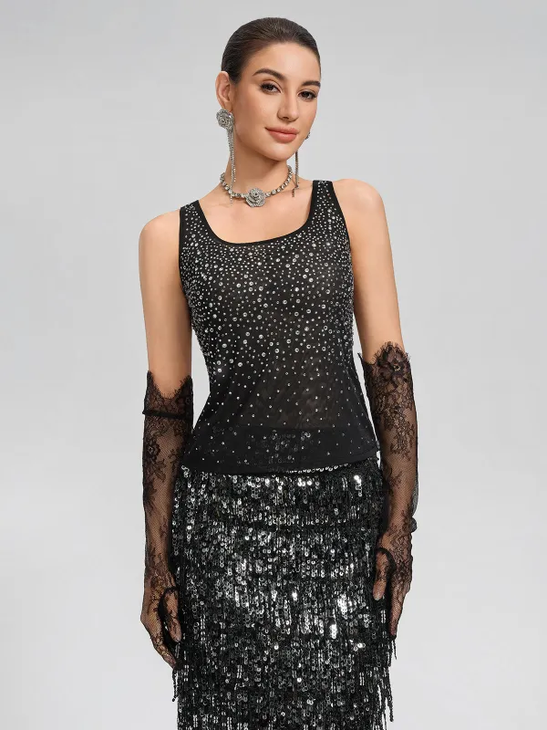 Rhinestones Mesh U-Neck Fitted Sleeveless Top made by Rich Radi Q's