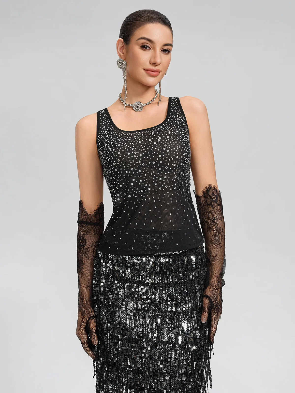 Rhinestones Mesh U-Neck Fitted Sleeveless Top sold by Rich Radi Q's