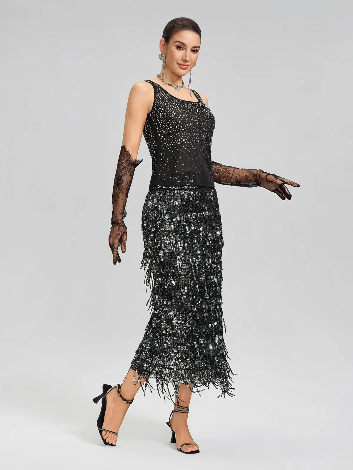 Rhinestones Mesh U-Neck Fitted Sleeveless Top sold by Rich Radi Q's product image thumbnail 4