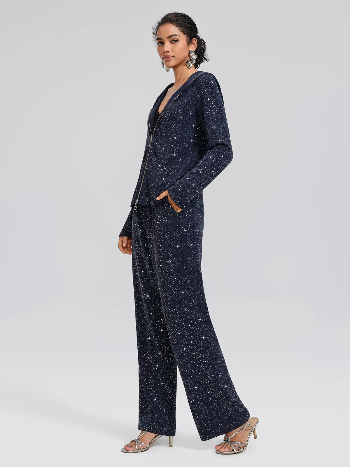 Navy Rhinestones Knit Drawstring Wide-Leg Pants sold by Rich Radi Q's product image thumbnail 4