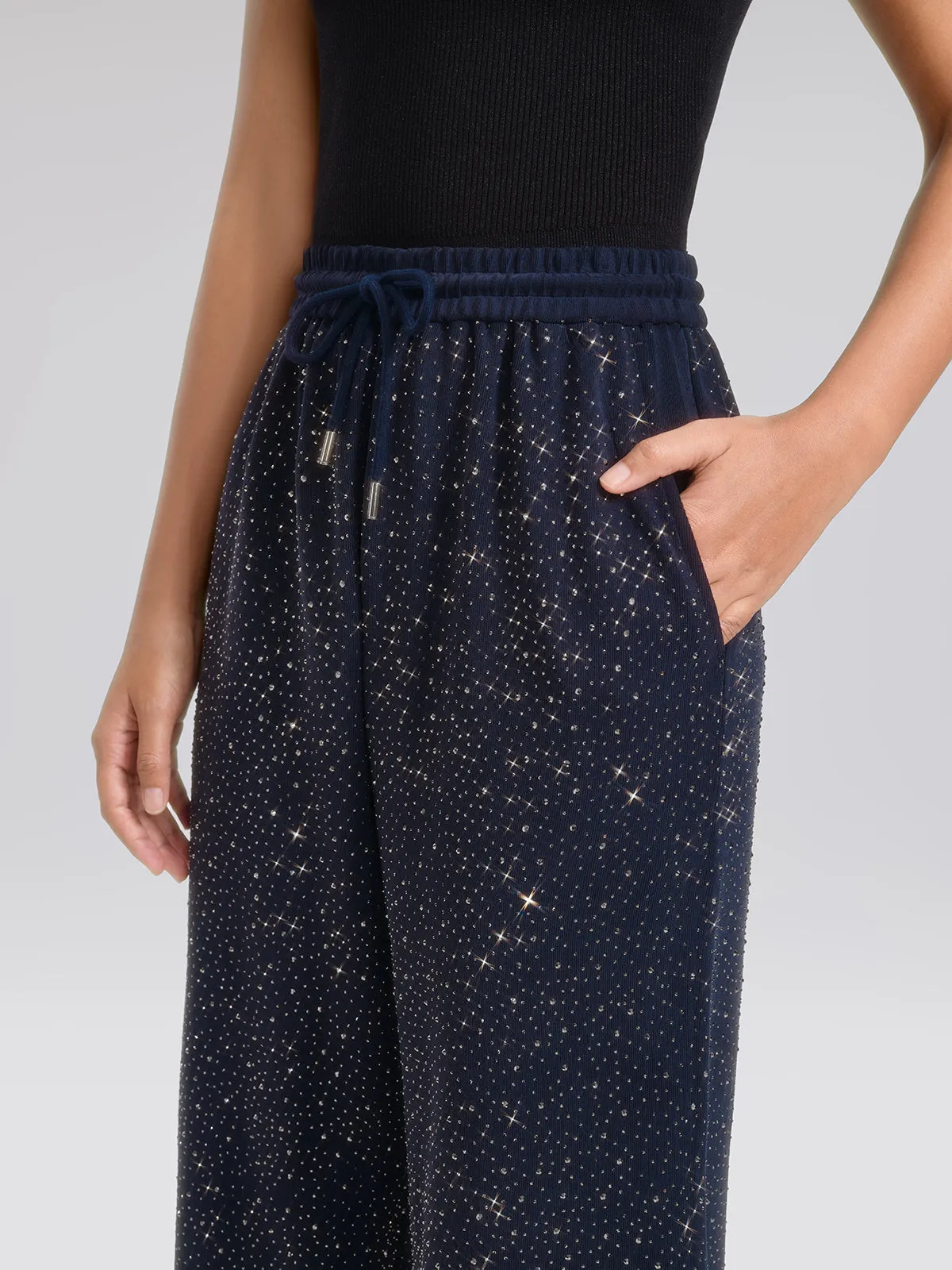 Navy Rhinestones Knit Drawstring Wide-Leg Pants sold by Rich Radi Q's product image thumbnail 2