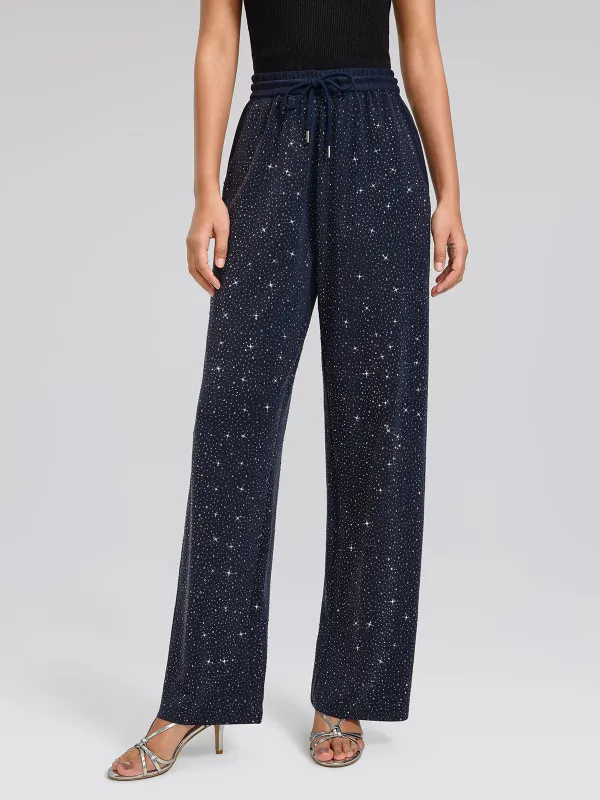 Navy Rhinestones Knit Drawstring Wide-Leg Pants made by Rich Radi Q's