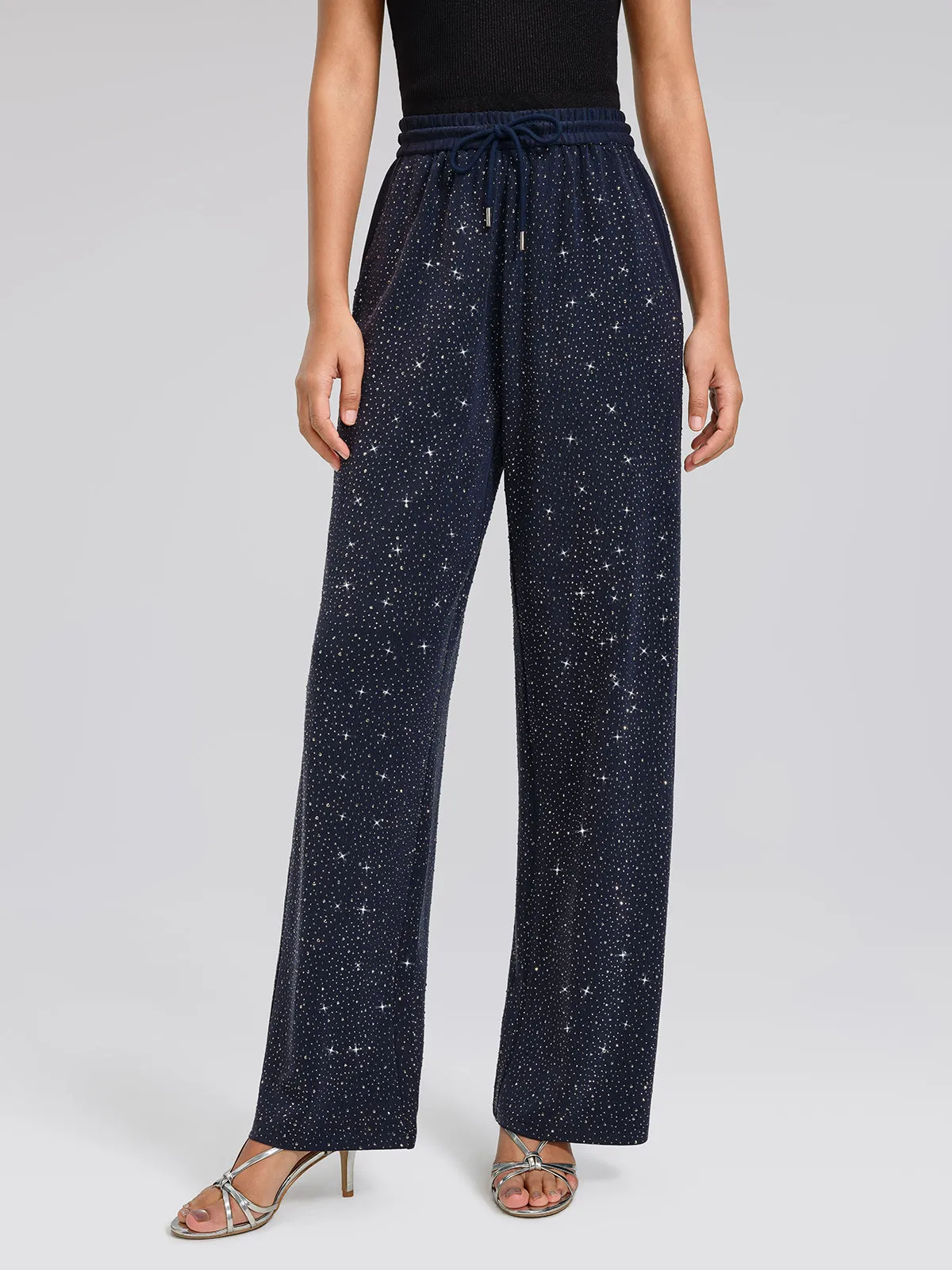 Navy Rhinestones Knit Drawstring Wide-Leg Pants sold by Rich Radi Q's