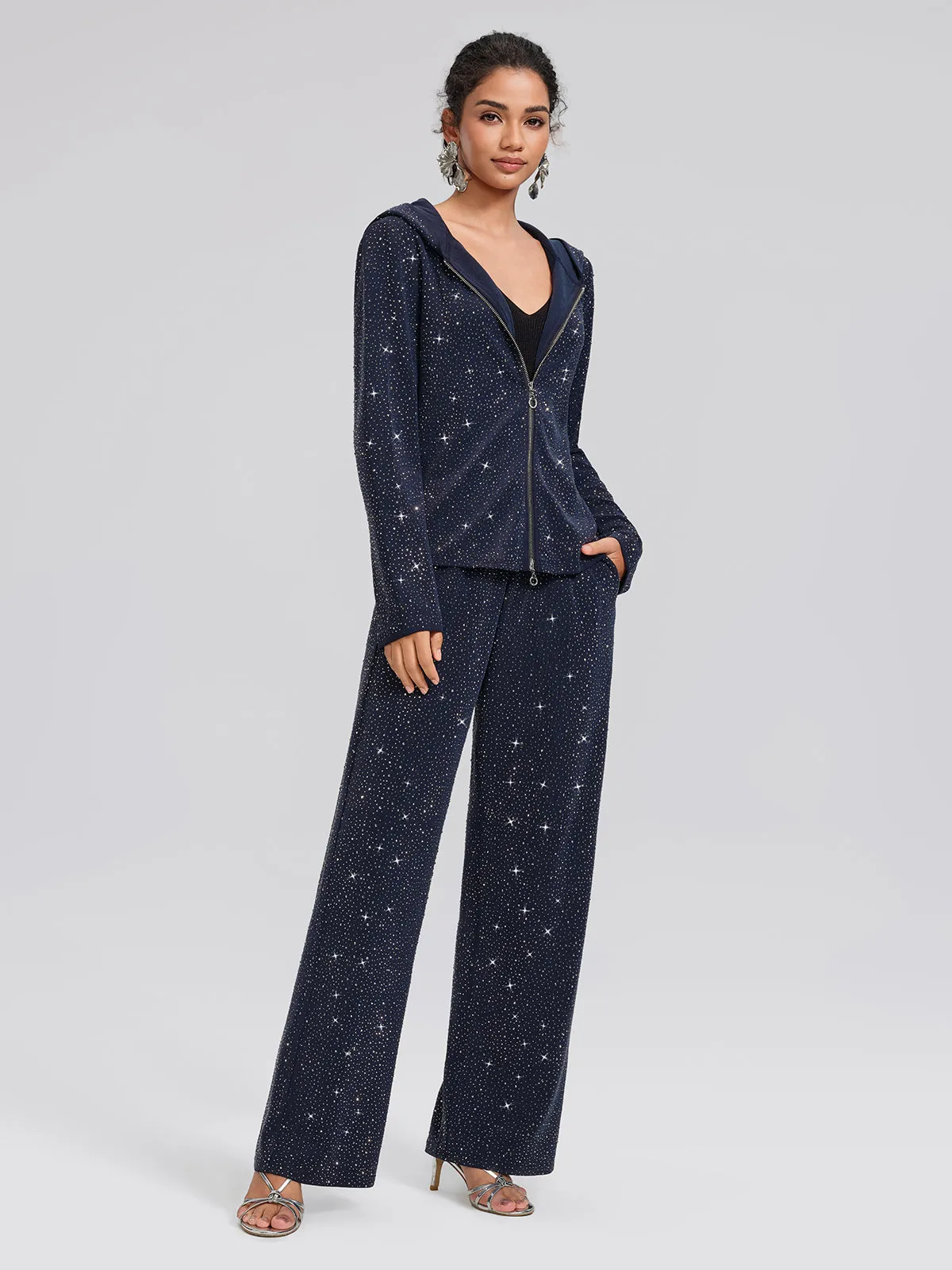 Navy Rhinestones Knit Drawstring Wide-Leg Pants sold by Rich Radi Q's product image thumbnail 5