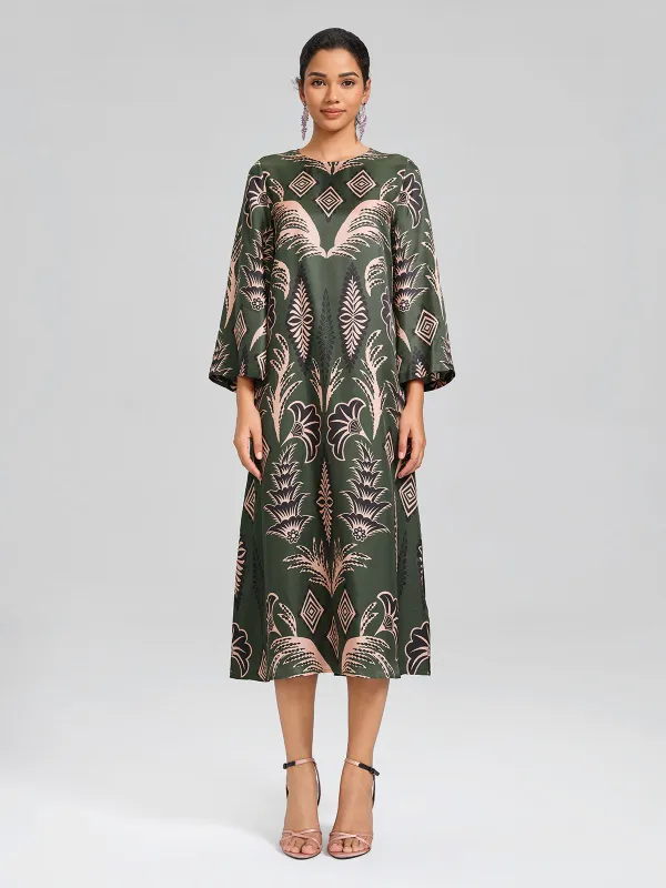 100% Silk Printed Flared-Cuff Maxi Dress made by Rich Radi Q's