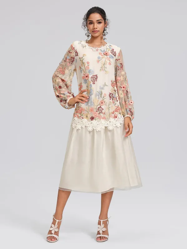 Silk Embroidery Lace-Panel Lantern-Sleeve Dress made by Rich Radi Q's