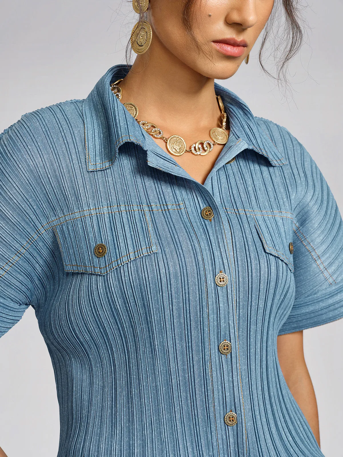 Denim-Blue Vertical Pleated Top & Skirt Set sold by Rich Radi Q's product image thumbnail 3