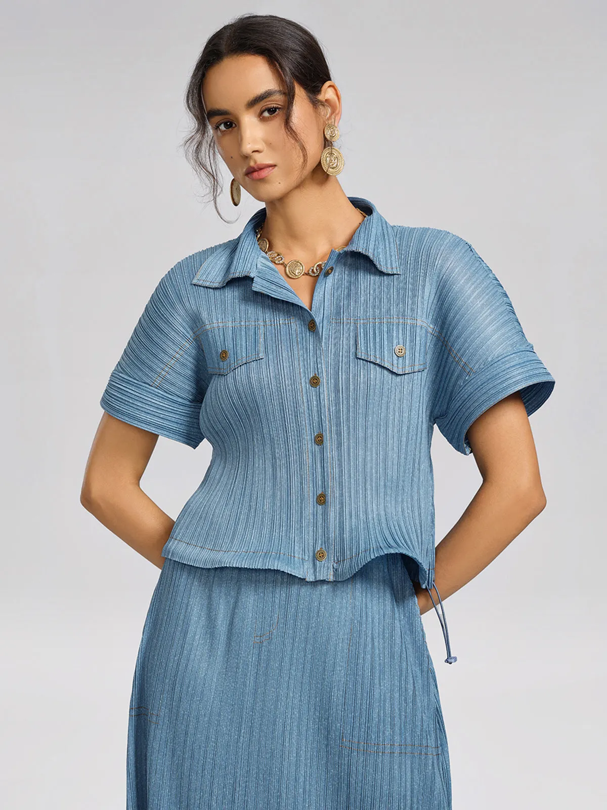 Denim-Blue Vertical Pleated Top & Skirt Set sold by Rich Radi Q's product image thumbnail 4