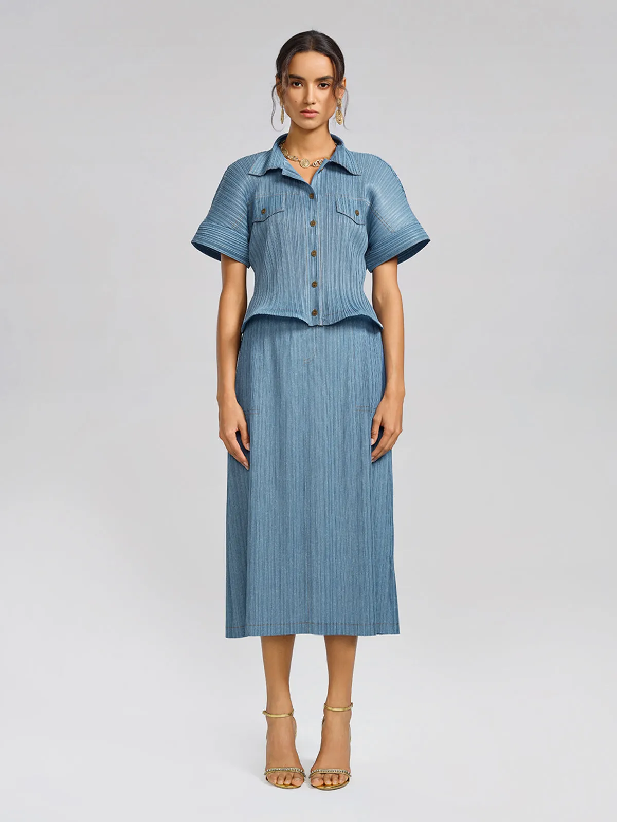 Denim-Blue Vertical Pleated Top & Skirt Set sold by Rich Radi Q's product image thumbnail 2