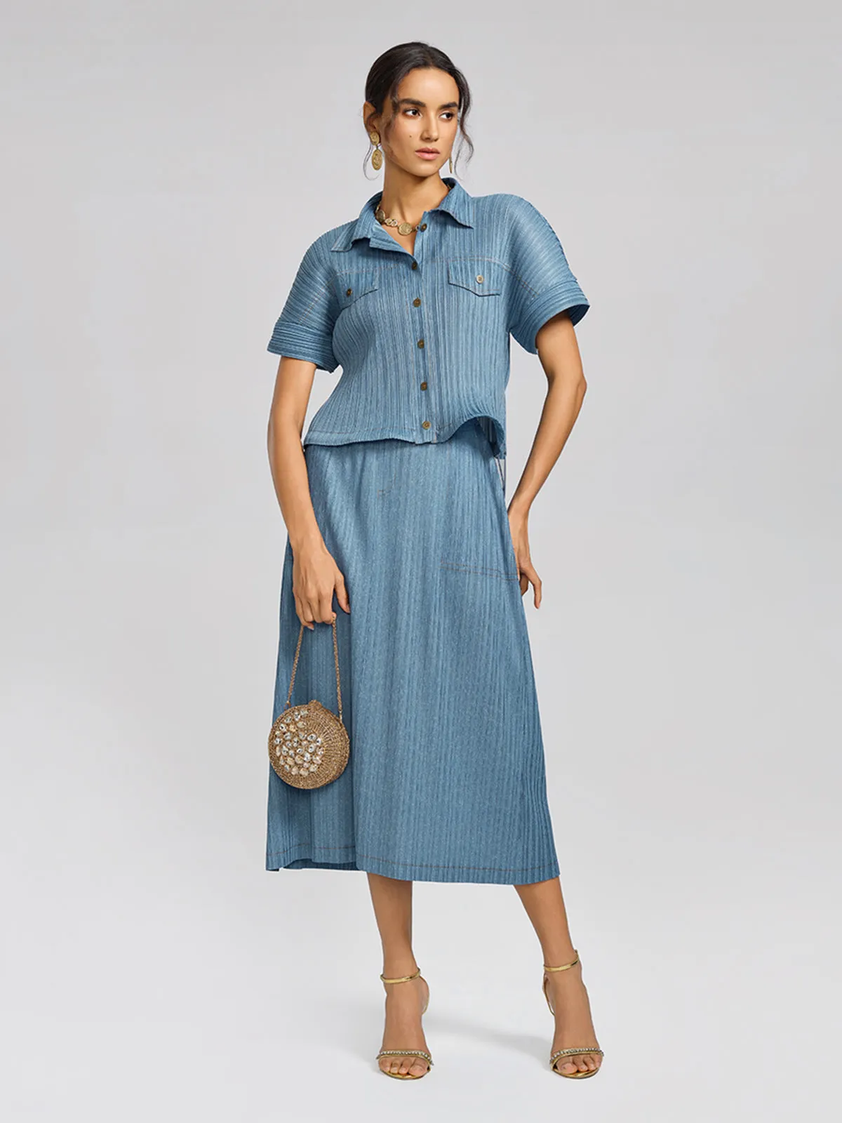 Denim-Blue Vertical Pleated Top & Skirt Set sold by Rich Radi Q's