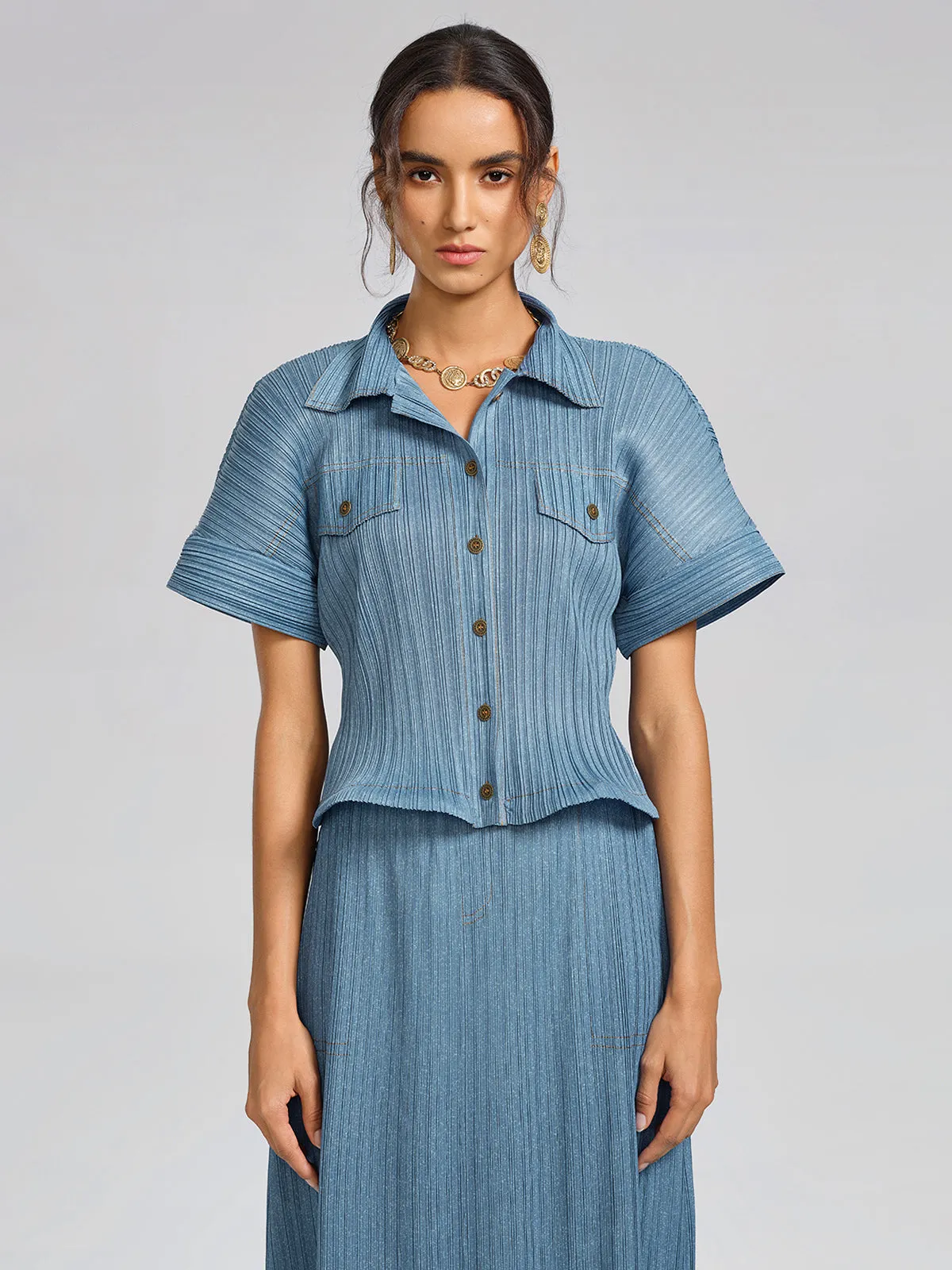 Denim-Blue Vertical Pleated Top & Skirt Set sold by Rich Radi Q's product image thumbnail 5