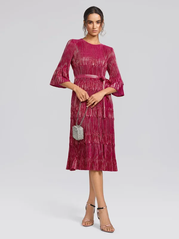 Foil Print Pleated Printed High-Stretch Dress (Waist Tie Included) made by Rich Radi Q's