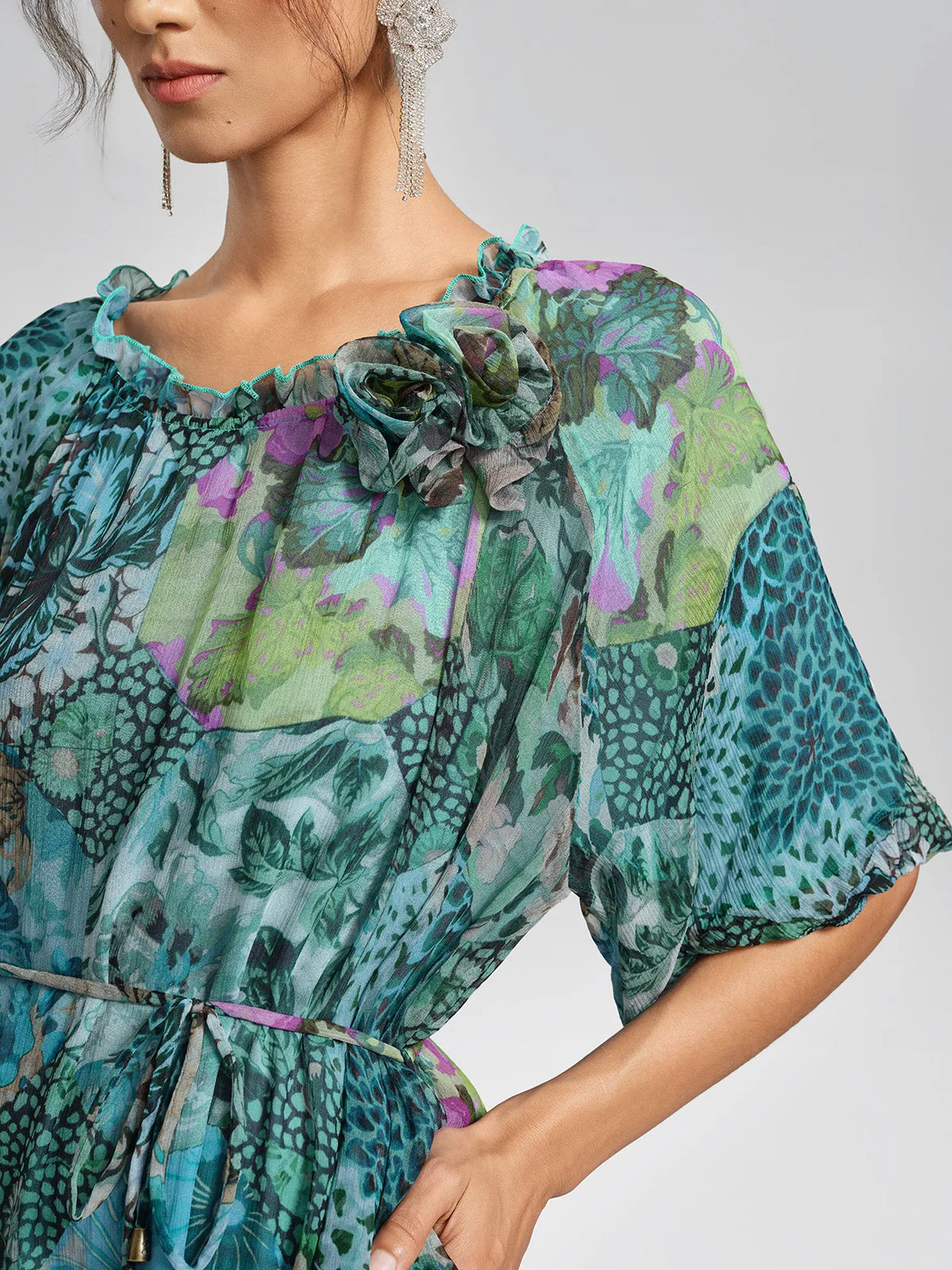 Silk Printed Puff-Sleeve Dress(Belt Included) sold by Rich Radi Q's product image thumbnail 4
