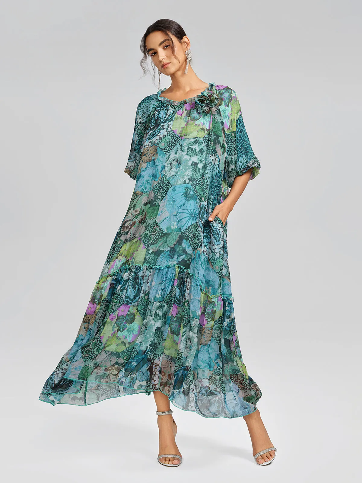 Silk Printed Puff-Sleeve Dress(Belt Included) sold by Rich Radi Q's