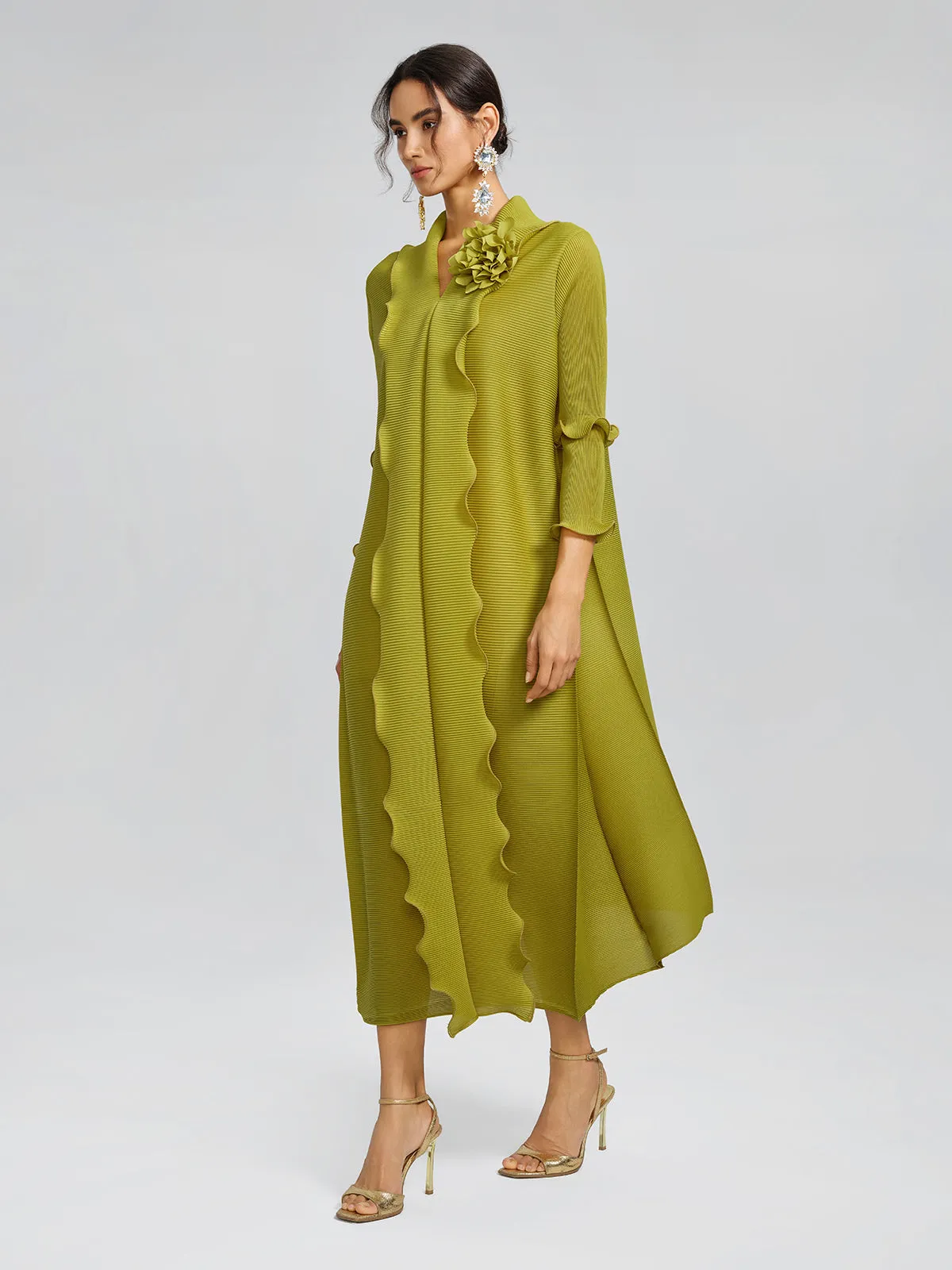 Ruffle Pleated Floral Brooch 3/4-Sleeve Gown sold by Rich Radi Q's product image thumbnail 4