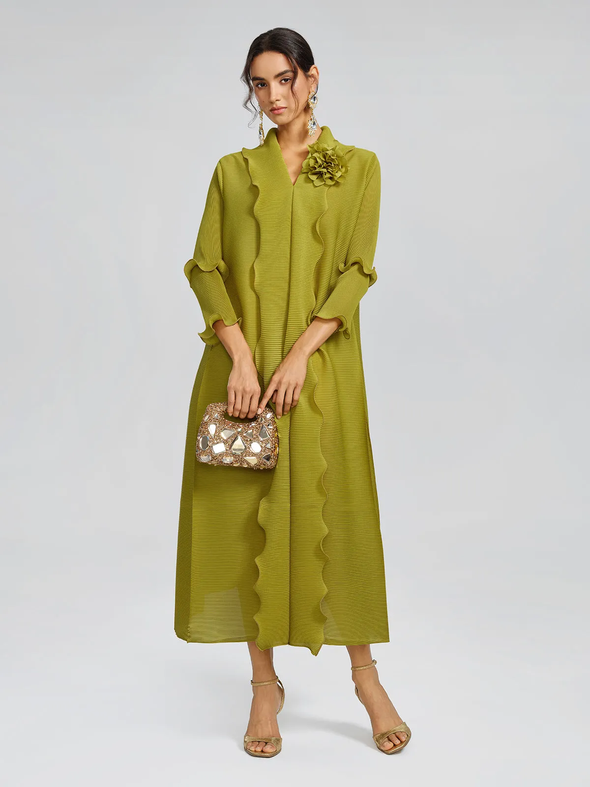Ruffle Pleated Floral Brooch 3/4-Sleeve Gown sold by Rich Radi Q's