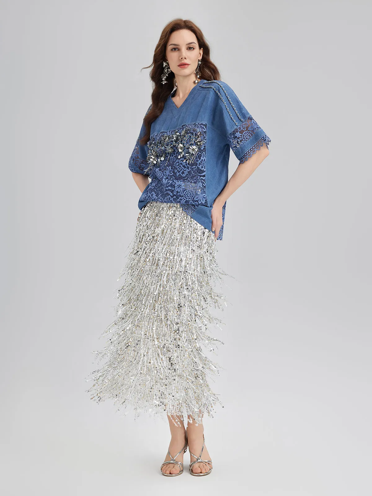 Final Sale | Hand-Beaded Lace Panel V-Neck Top sold by Rich Radi Q's product image thumbnail 3
