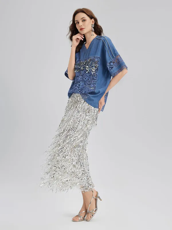 Final Sale | Hand-Beaded Lace Panel V-Neck Top made by Rich Radi Q's
