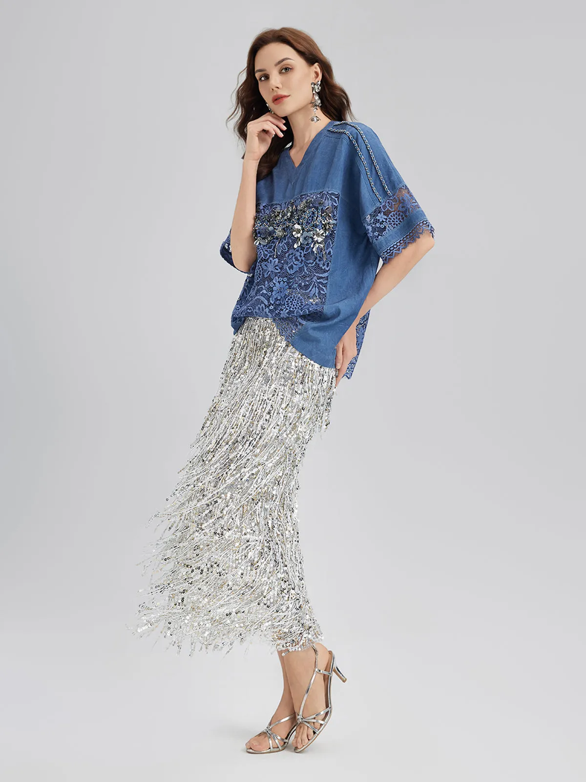 Final Sale | Hand-Beaded Lace Panel V-Neck Top sold by Rich Radi Q's