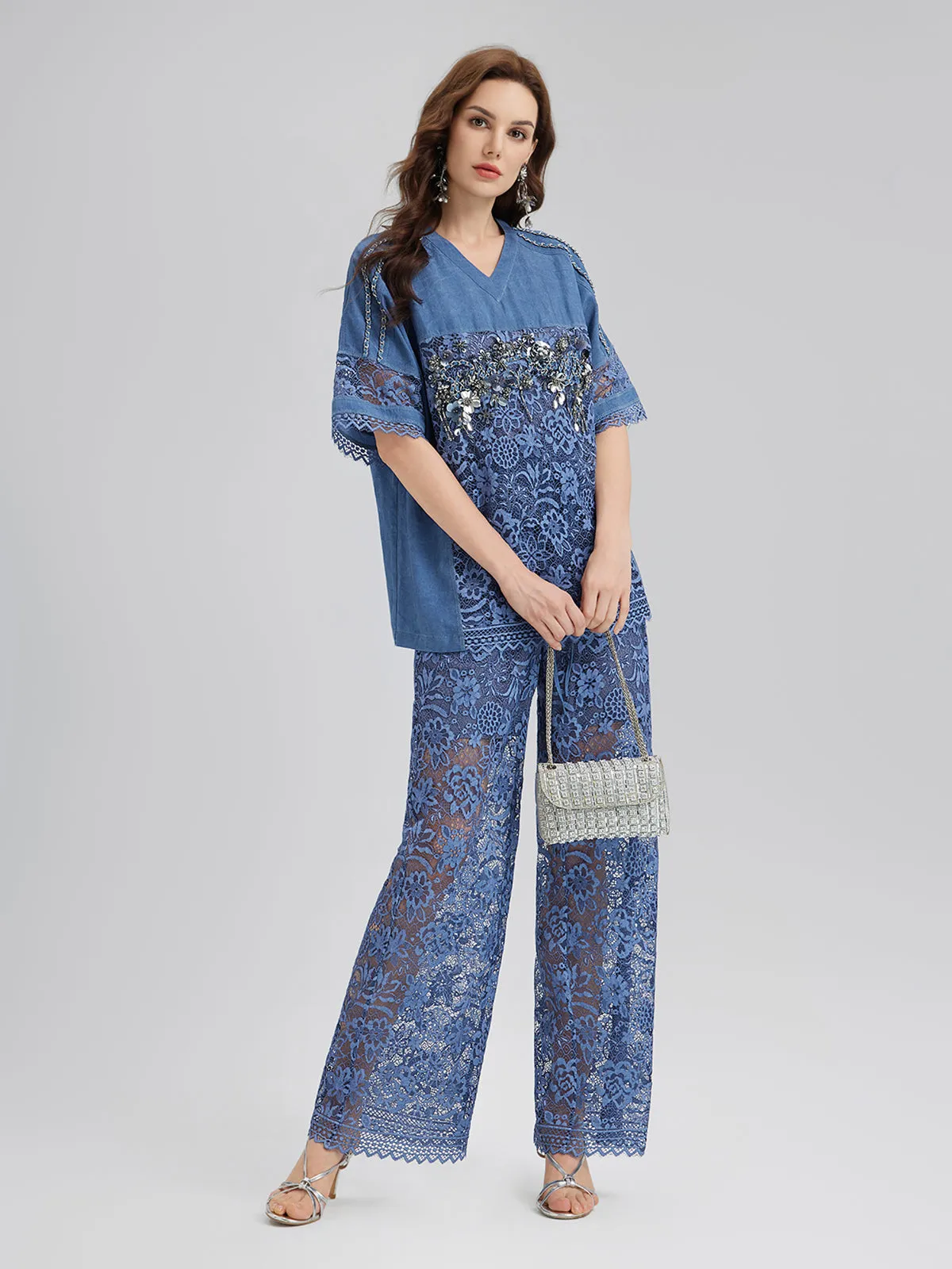 Final Sale | Hand-Beaded Lace Panel V-Neck Top sold by Rich Radi Q's product image thumbnail 5