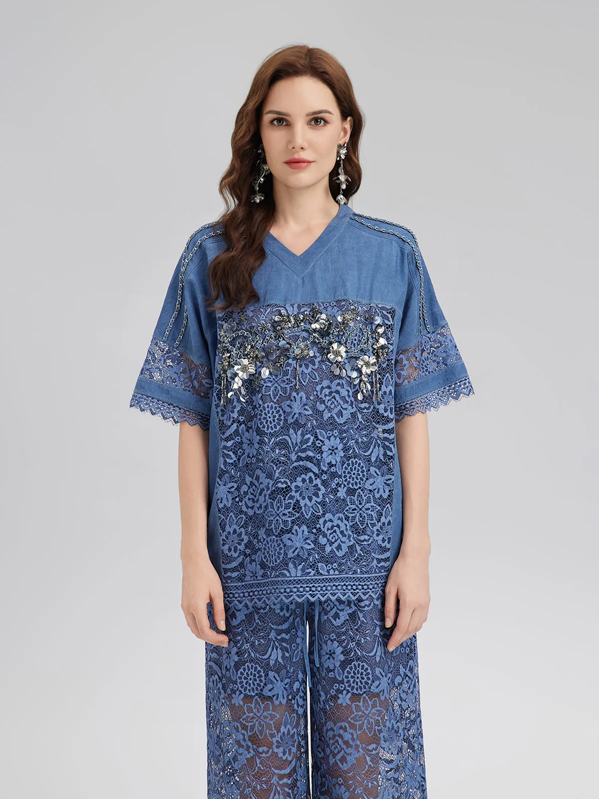 Final Sale | Hand-Beaded Lace Panel V-Neck Top sold by Rich Radi Q's product image thumbnail 4