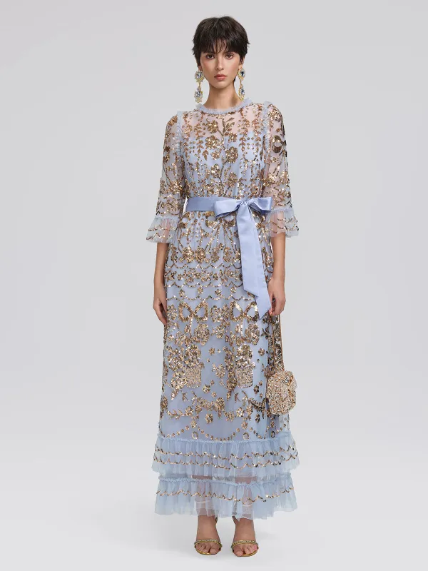 Gold Foil Mesh Heavywork Maxi Dress (Waist Tie Included) made by Rich Radi Q's