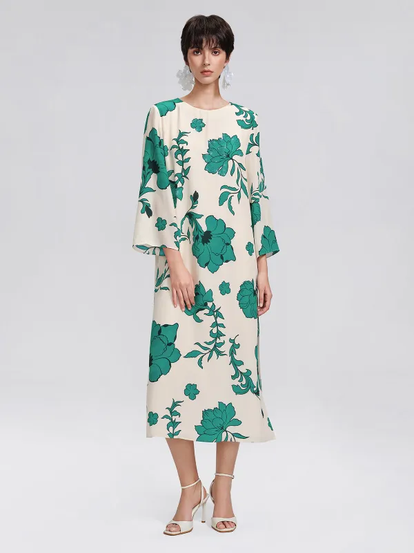 100% Silk Nine-Quarter Sleeve Straight Maxi Dress (Wait Rope Included) made by Rich Radi Q's
