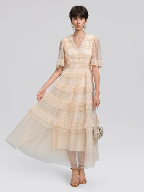 Sequin Embroidered Tulle Ruffled Maxi Dress made by Rich Radi Q's
