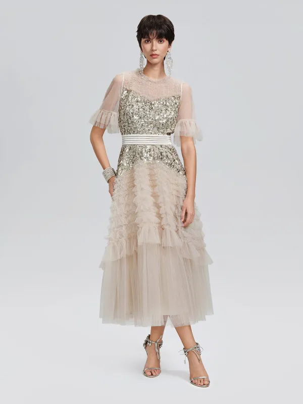 Pleated Sequin Flared-Sleeve Maxi Dress made by Rich Radi Q's
