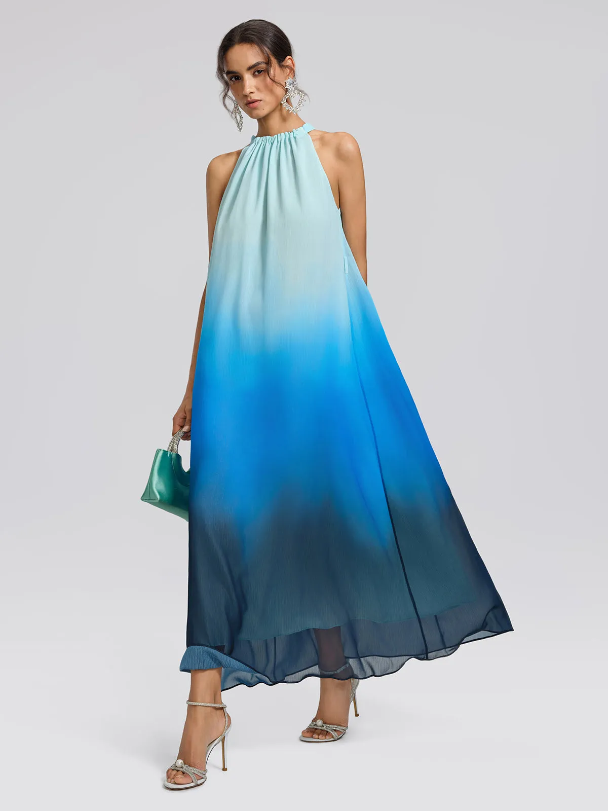 Pleated-Neck Tie-Detail Gradient Maxi Dress (Wasit Tie Included) sold by Rich Radi Q's product image thumbnail 2