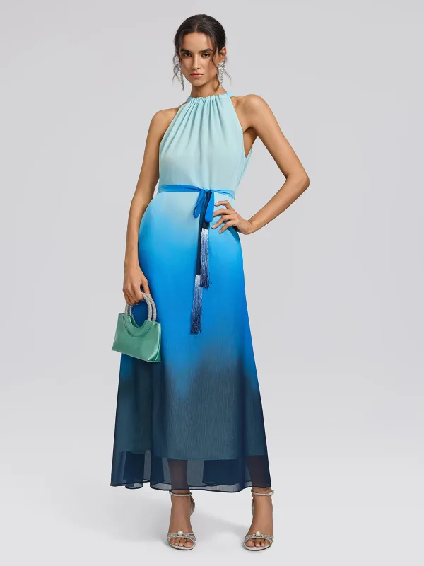 Pleated-Neck Tie-Detail Gradient Maxi Dress (Wasit Tie Included) made by Rich Radi Q's