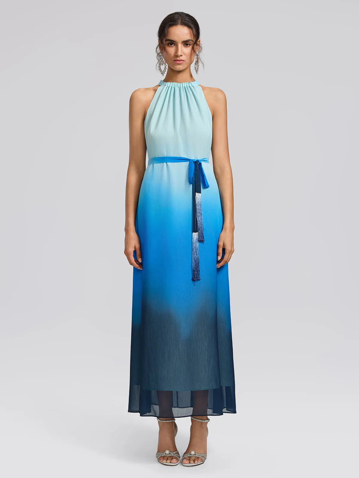 Pleated-Neck Tie-Detail Gradient Maxi Dress (Wasit Tie Included) sold by Rich Radi Q's product image thumbnail 5