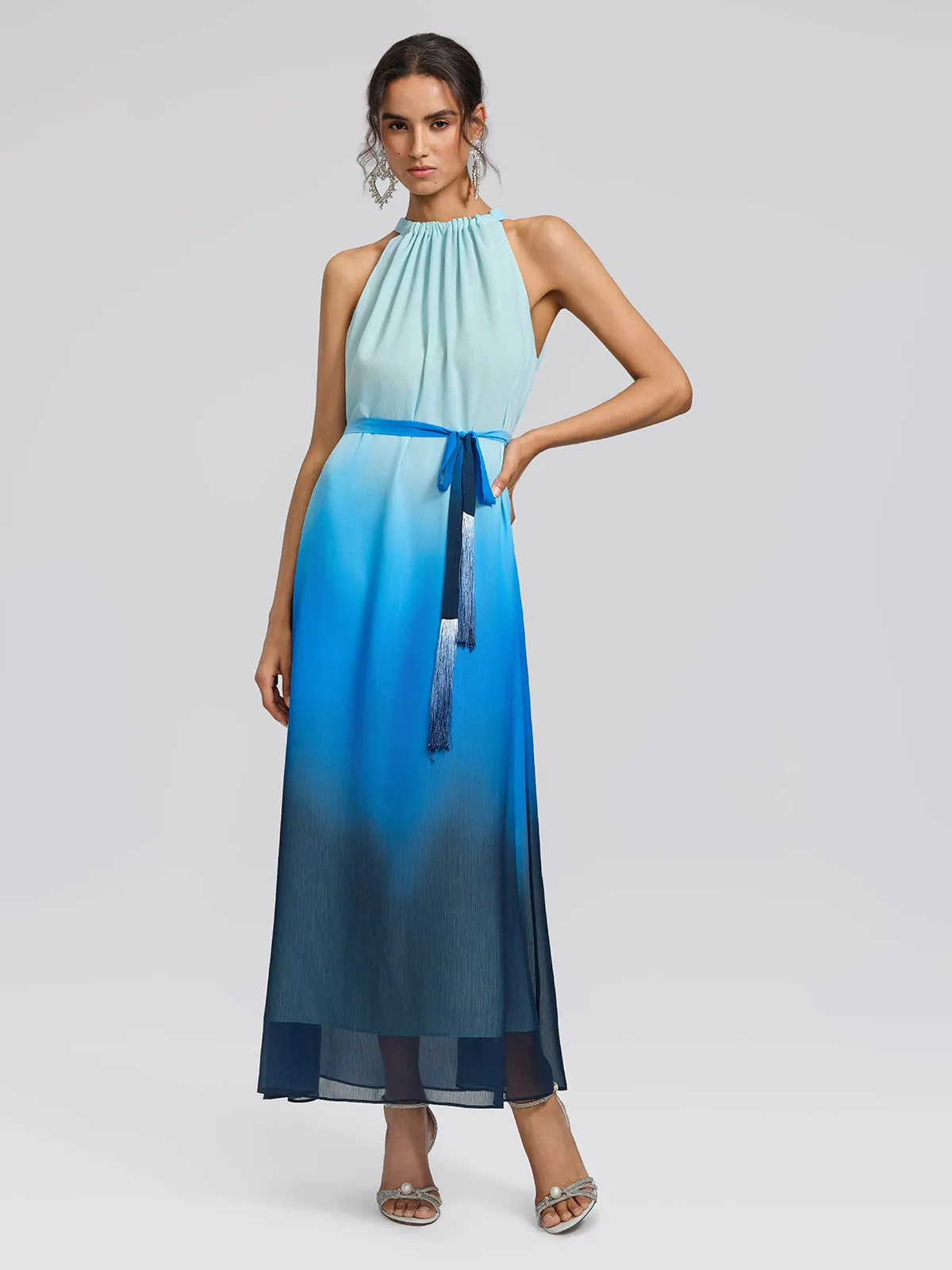 Pleated-Neck Tie-Detail Gradient Maxi Dress (Wasit Tie Included) sold by Rich Radi Q's product image thumbnail 4