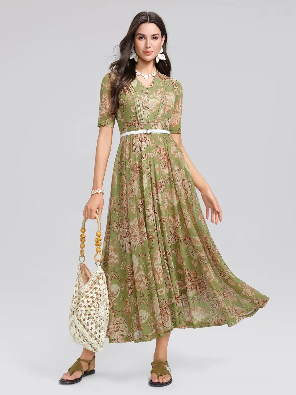 Stretch Print V-neck Pleated Belted Flare Dress (Belt Included) made by Rich Radi Q's