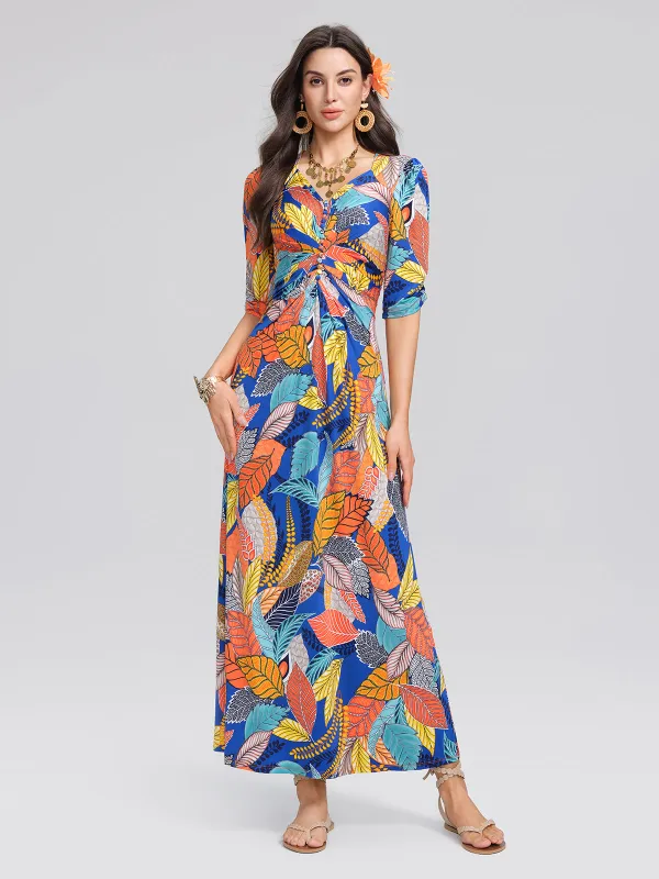 Ice-Silk Knit Tropical Leaf Print Three-Quarter Sleeve Dress made by Rich Radi Q's