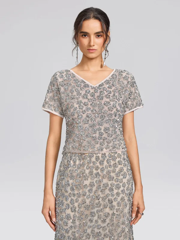 Hand Embellished Sequin V-neck Mesh Top made by Rich Radi Q's
