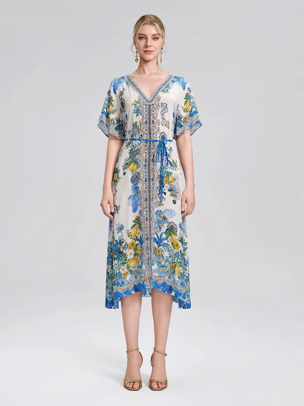 100% Silk Allover Print Rhinestone Dress (Waist Tie Included) sold by Rich Radi Q's product image thumbnail 3