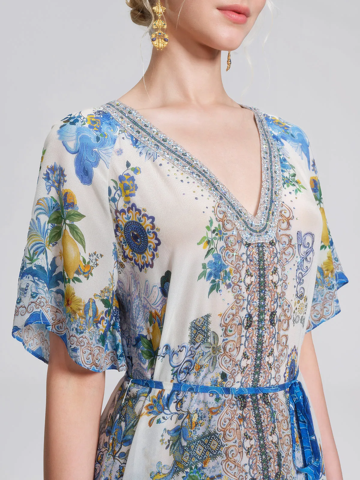 100% Silk Allover Print Rhinestone Dress (Waist Tie Included) sold by Rich Radi Q's product image thumbnail 2