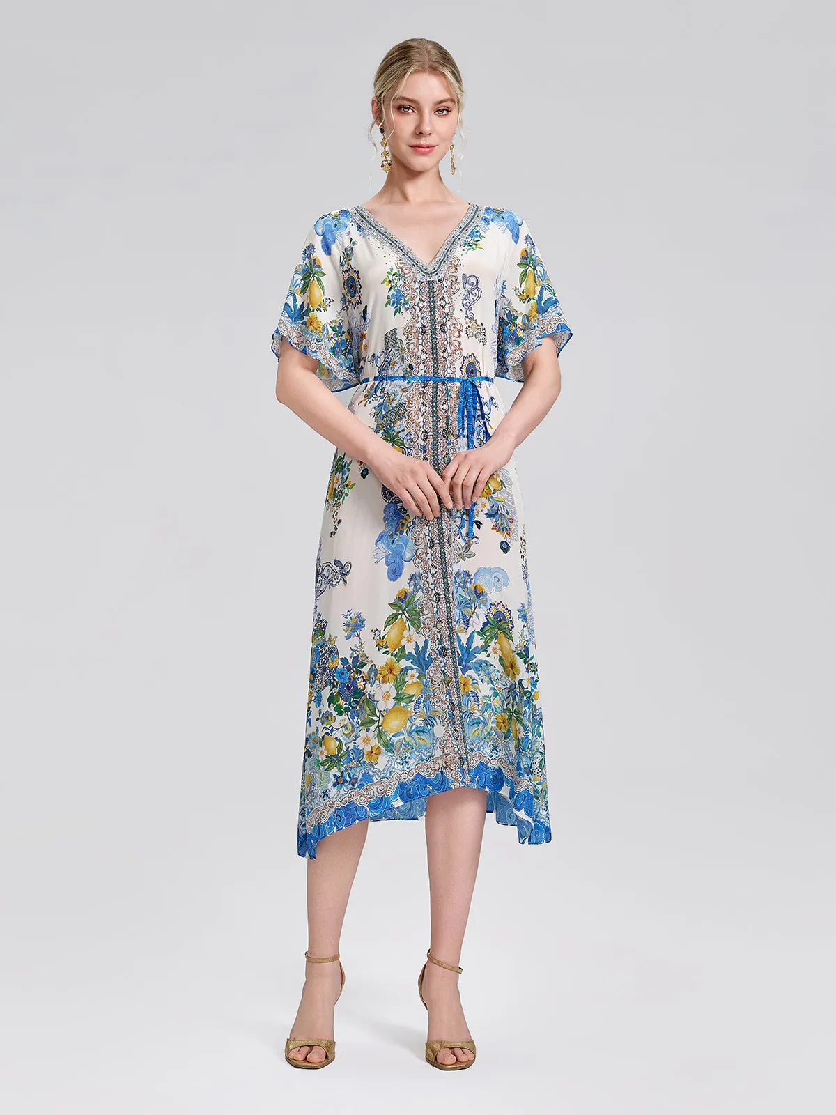 100% Silk Allover Print Rhinestone Dress (Waist Tie Included) sold by Rich Radi Q's product image thumbnail 5