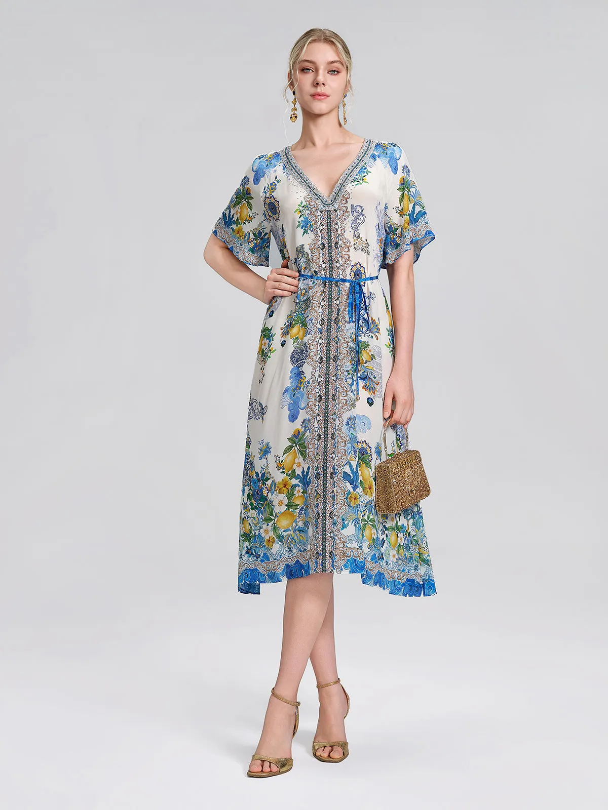 100% Silk Allover Print Rhinestone Dress (Waist Tie Included) sold by Rich Radi Q's
