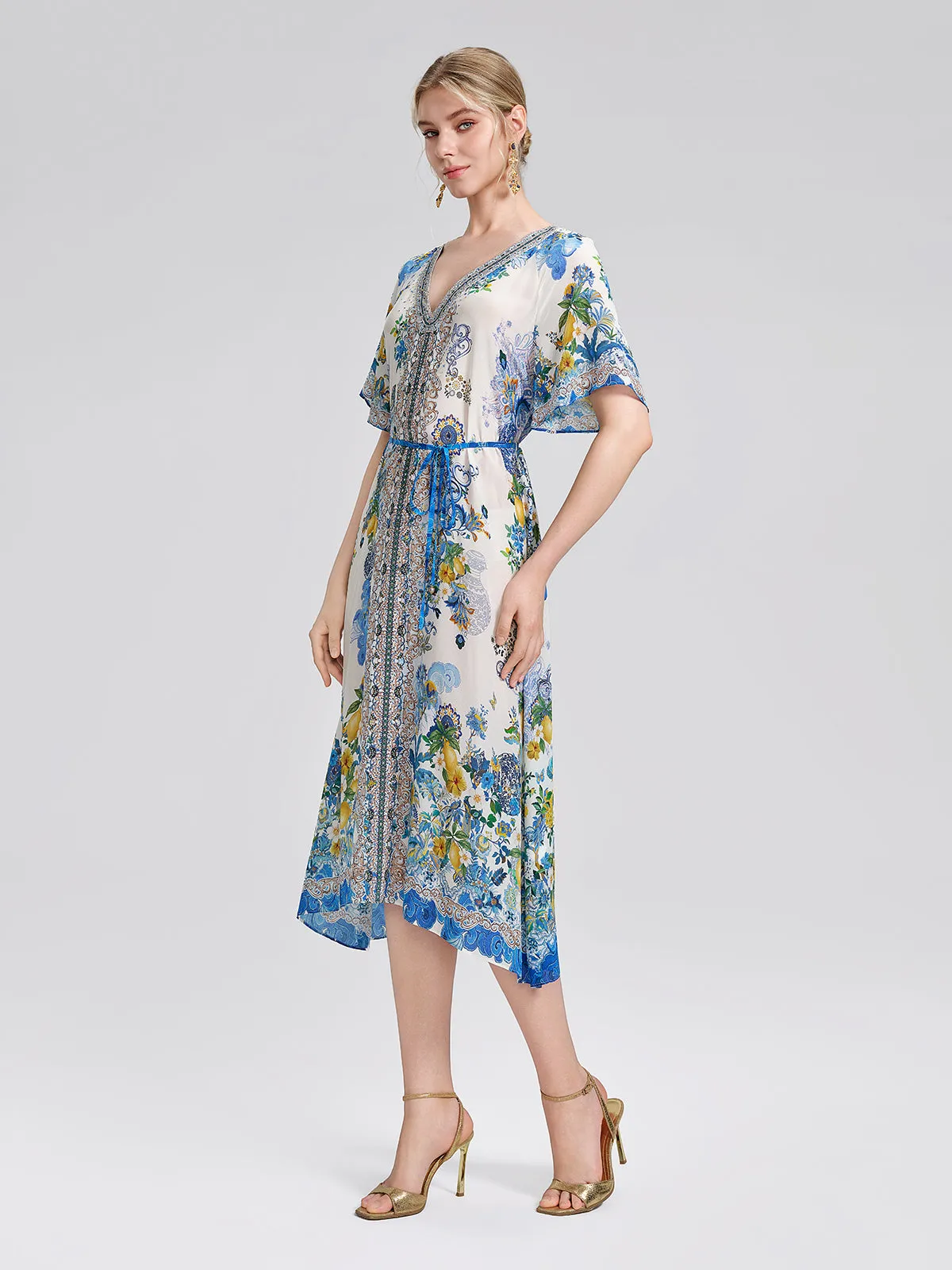 100% Silk Allover Print Rhinestone Dress (Waist Tie Included) sold by Rich Radi Q's product image thumbnail 4