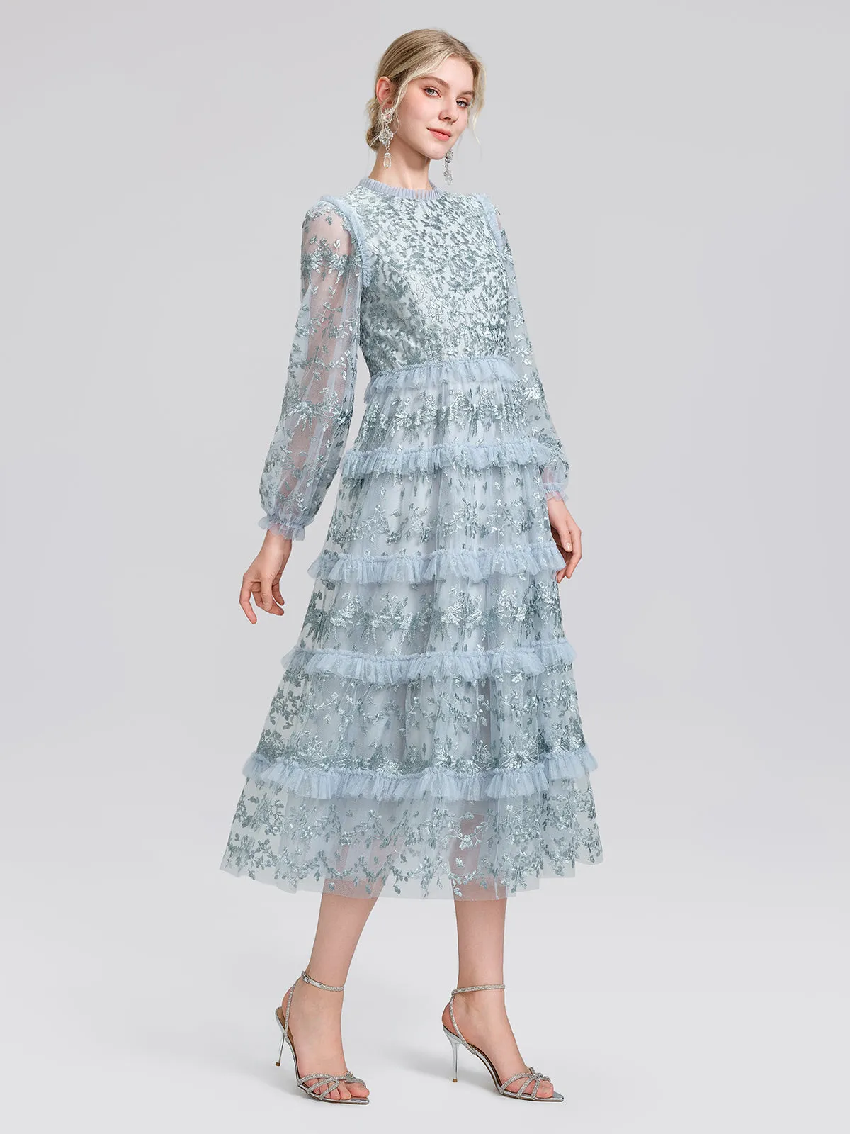 Embroidered Mesh Ruffle Lantern Sleeve Dress sold by Rich Radi Q's product image thumbnail 3