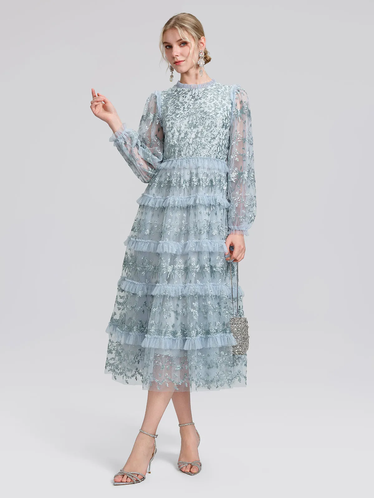 Embroidered Mesh Ruffle Lantern Sleeve Dress sold by Rich Radi Q's product image thumbnail 5