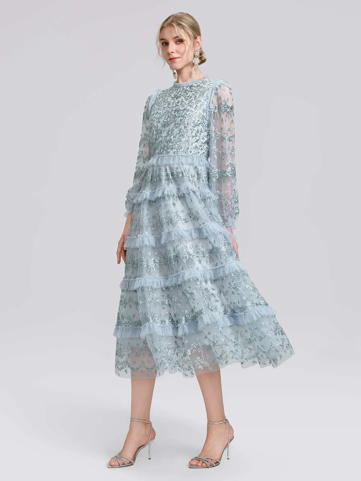 Embroidered Mesh Ruffle Lantern Sleeve Dress sold by Rich Radi Q's product image thumbnail 4