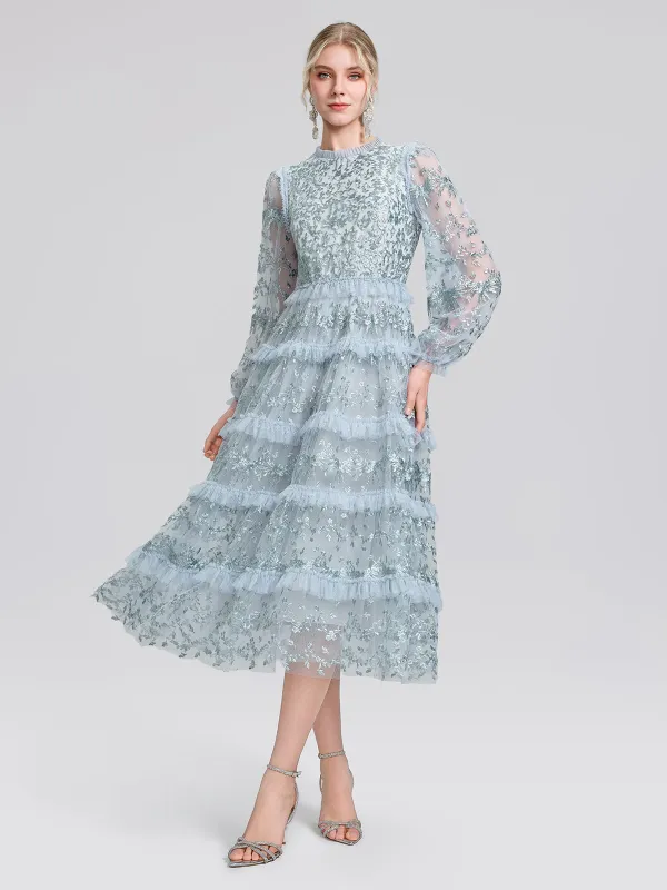 Embroidered Mesh Ruffle Lantern Sleeve Dress made by Rich Radi Q's