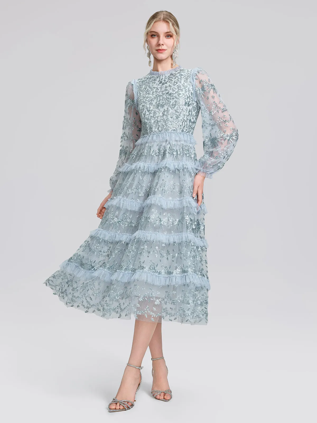 Embroidered Mesh Ruffle Lantern Sleeve Dress sold by Rich Radi Q's