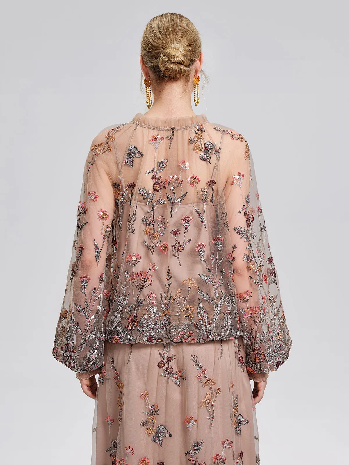 Mesh Embroidered Ruffle Tie-Neck Blouse sold by Rich Radi Q's product image thumbnail 5